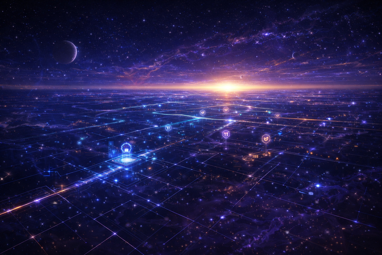 Futuristic digital landscape at dawn