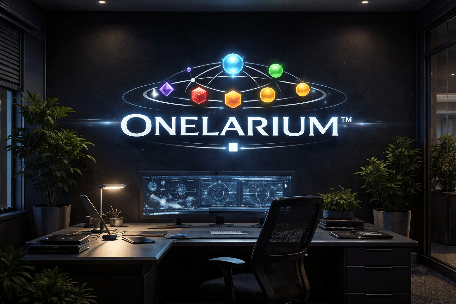 Futuristic office with ONELARIUM logo